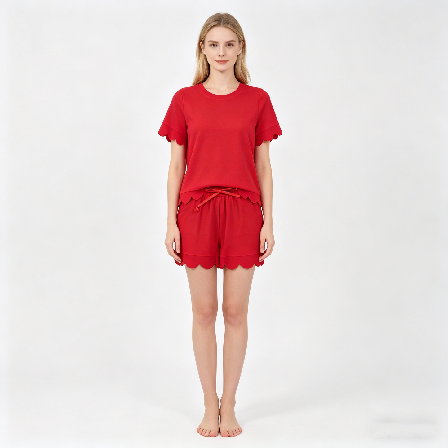 Adult Women Red Shorts Sleeve Top Pockets Short Cotton Scallop Clothes Set