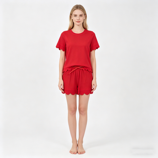 Adult Women Red Shorts Sleeve Top Pockets Short Cotton Scallop Clothes Set