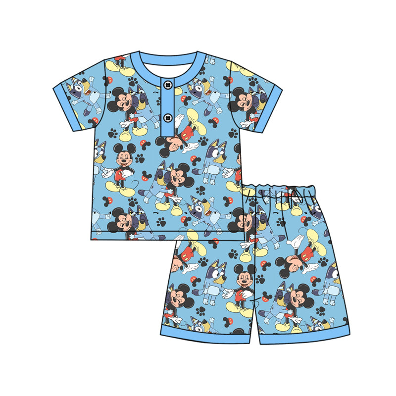 Preorder moq 5 Baby Boys Blue Short Sleeves Cartoon Mouse Dogs Button Top Short Pajamas Set