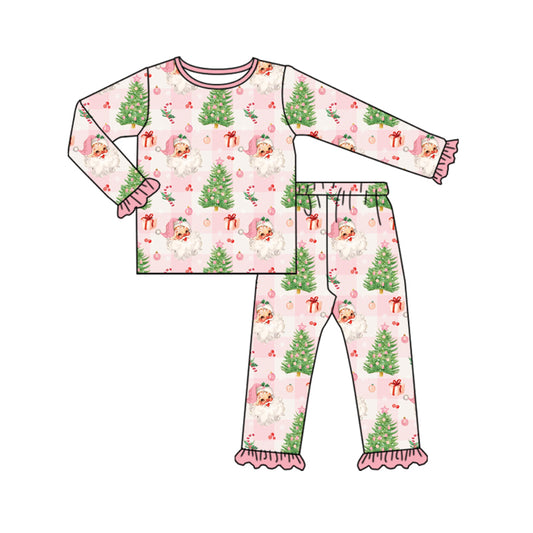 Preorder (moq 5)Baby Girls Long Ruffle Sleeves Santa Trees Plaid Top Pant Pajamas Set