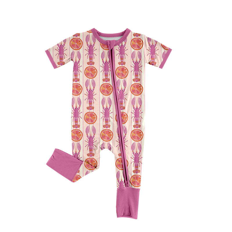 Preorder (moq 5) Baby Girl Clothes Lobster Orange Slice Mixed Print Short Sleeve Zipper Romper