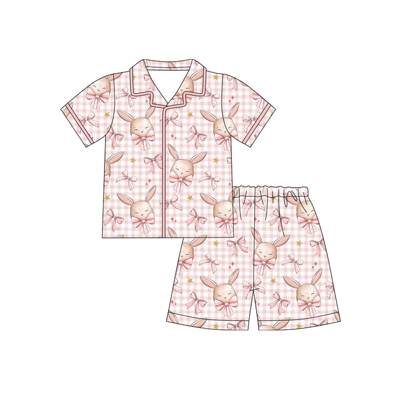 Preorder (moq 5)Baby Girls Pink Rabbits Bows Checked Button Top Shorts Easter Pajamas Sets