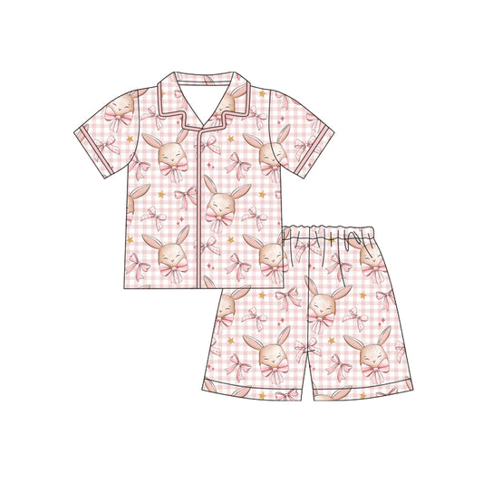 Preorder (moq 5)Baby Girls Pink Rabbits Bows Checked Button Top Shorts Easter Pajamas Sets