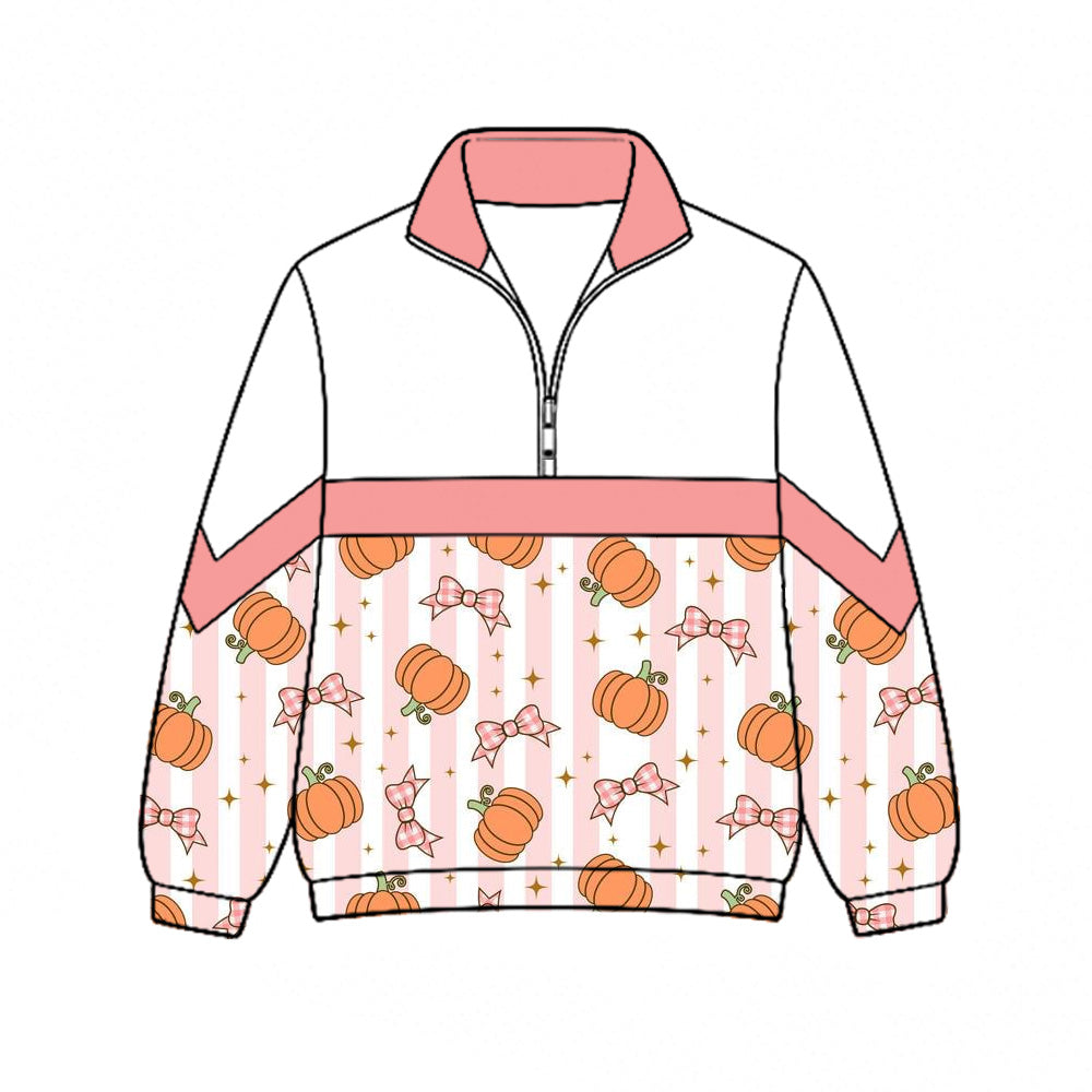 Preorder (moq 5)Baby Girls Bows Pumpkins Stripe Fall Zip Pullovers Top