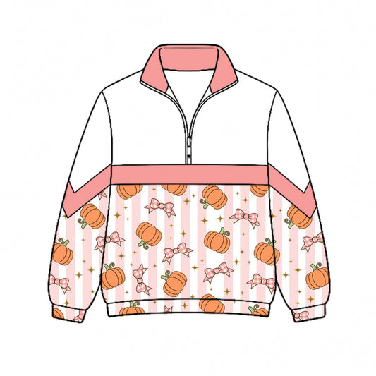 Preorder (moq 5)Baby Girls Bows Pumpkins Stripe Fall Zip Pullovers Top