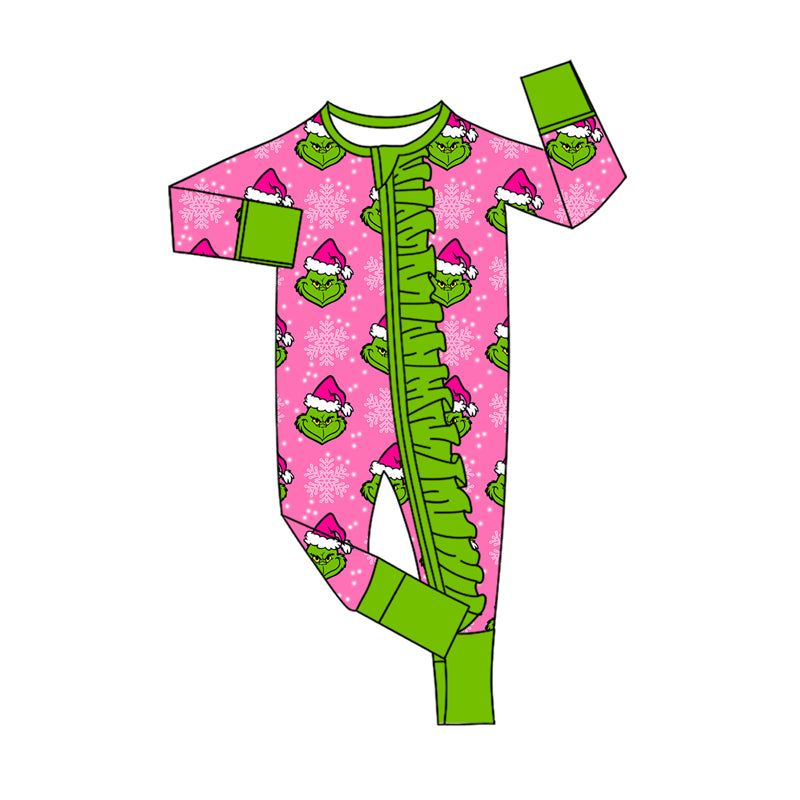 Preorder(moq 5)Baby Infant Girls Christmas Green Faces Snowflake Ruffle Zipper Rompers