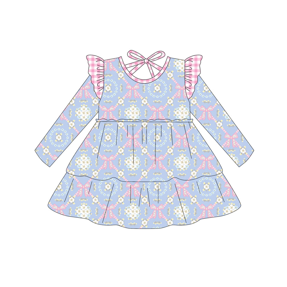 Preorder (moq 5)Baby Girls Light Blue Flowers Bows Plaid Knee Length Dresses