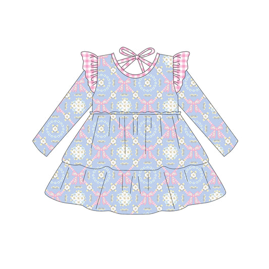 Preorder (moq 5)Baby Girls Light Blue Flowers Bows Plaid Knee Length Dresses