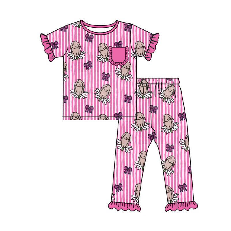Preorder(moq 8)Baby Girls Pink Stripe Flowers Rabbits Pocket Top Ruffle Pants Easter Pajamas Sets