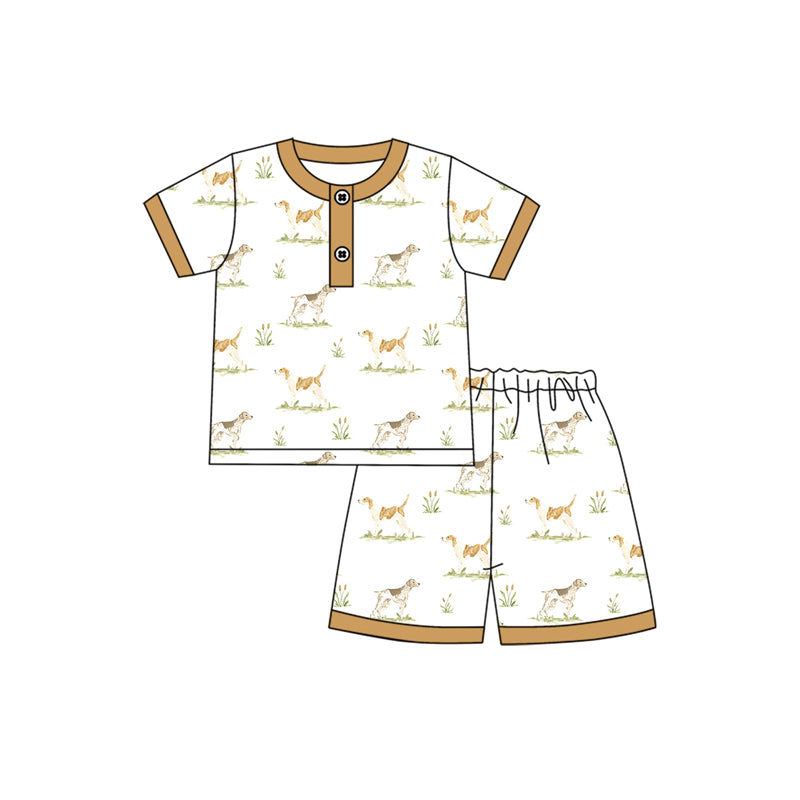 Preorder (moq 5)Baby Boys Khaki Short Sleeves Button Top Dogs Shorts Pajamas Set
