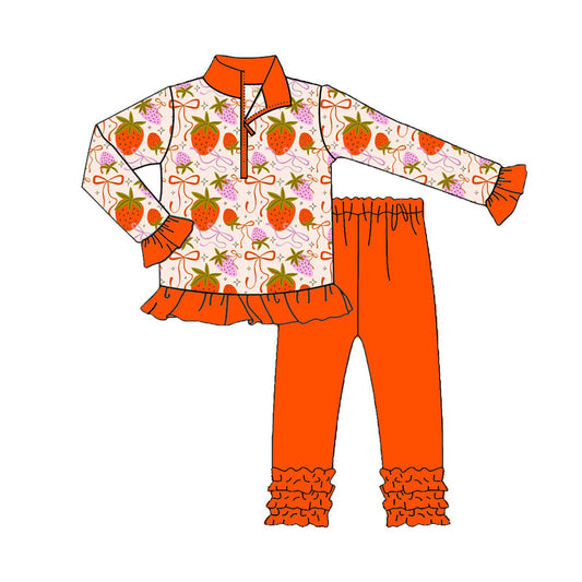 Preorder(moq 8)Baby Girls Bows Strawberry Zipper Pullovers Ruffle Leggings Clothes Sets