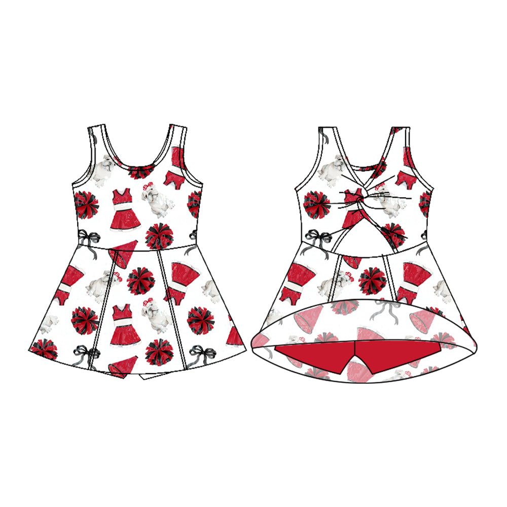 Preorder (moq 5)Baby Girls Sleeveless Bows Dogs Team Cheer Shorts Knee Length Dresses