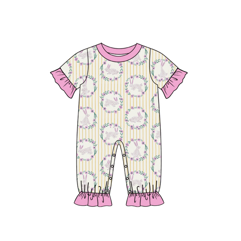 Preorder (moq 5) Baby Girl Clothes Easter Bunny Wreath Stripe Print Short Sleeve Ruffle Baby Romper Jumpsuit