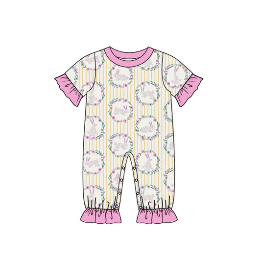 Preorder (moq 5) Baby Girl Clothes Easter Bunny Wreath Stripe Print Short Sleeve Ruffle Baby Romper Jumpsuit