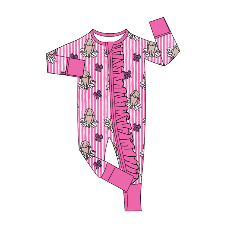 Preorder (moq 8)Baby Girls Pink Stripe Flowers Rabbits Easter Ruffle Zipper Footie Rompers