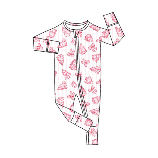 Preorder (moq 5)Baby Girls Pink Bows Trees Christmas Two Way Zip Convertible Rompers