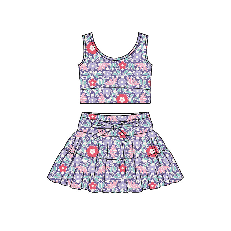 Preorder (moq 5)Baby Girls Colorful Flowers Vest Ruffle Skirt Shorts Clothes Sets