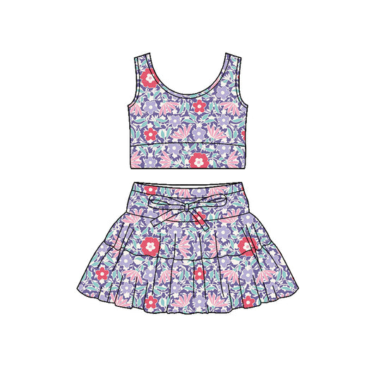 Preorder (moq 5)Baby Girls Colorful Flowers Vest Ruffle Skirt Shorts Clothes Sets