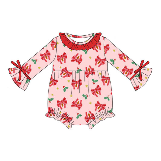 Preorder (moq 5)Baby Girls Red Bows Holly Christmas Ruffle Rompers