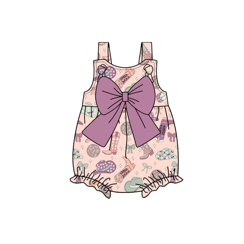 Preorder(moq 5)Baby Infant Girls Pink Strap Boot Hats Purple Bow Top Summer Rompers