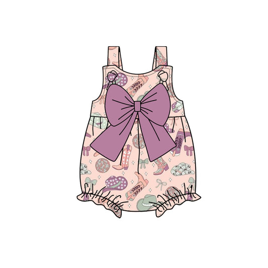 Preorder(moq 5)Baby Infant Girls Pink Strap Boot Hats Purple Bow Top Summer Rompers