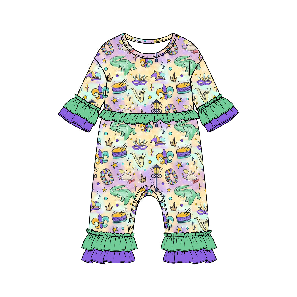 Preorder moq 5  Girls’ Mardi Gras Ruffle Long-Sleeve Romper, Cute Dinosaur Mask Print Holiday One-Piece Outfit
