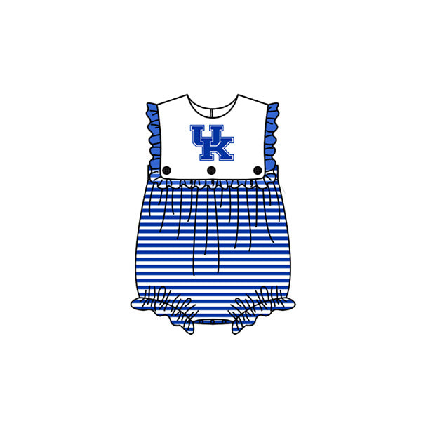 Preorder (moq 5)Baby Girls Sleeveless Blue Stripe UK Team Ruffle Rompers