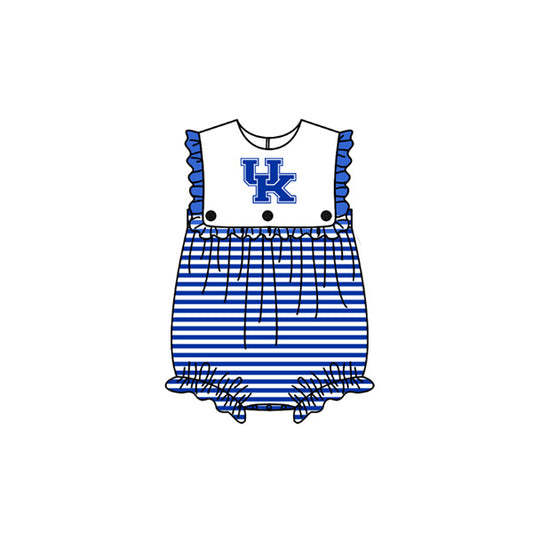 Preorder (moq 5)Baby Girls Sleeveless Blue Stripe UK Team Ruffle Rompers