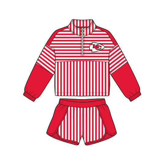 Preorder (moq 5)Baby Girls Orange Stripe Chiefs Zip Pullovers Short Team Clothes Set