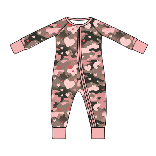 Preorder (moq 5) Baby Girl Clothes Dusty Pink Camo Heart Mixed Print Long Sleeve Zipper Romper
