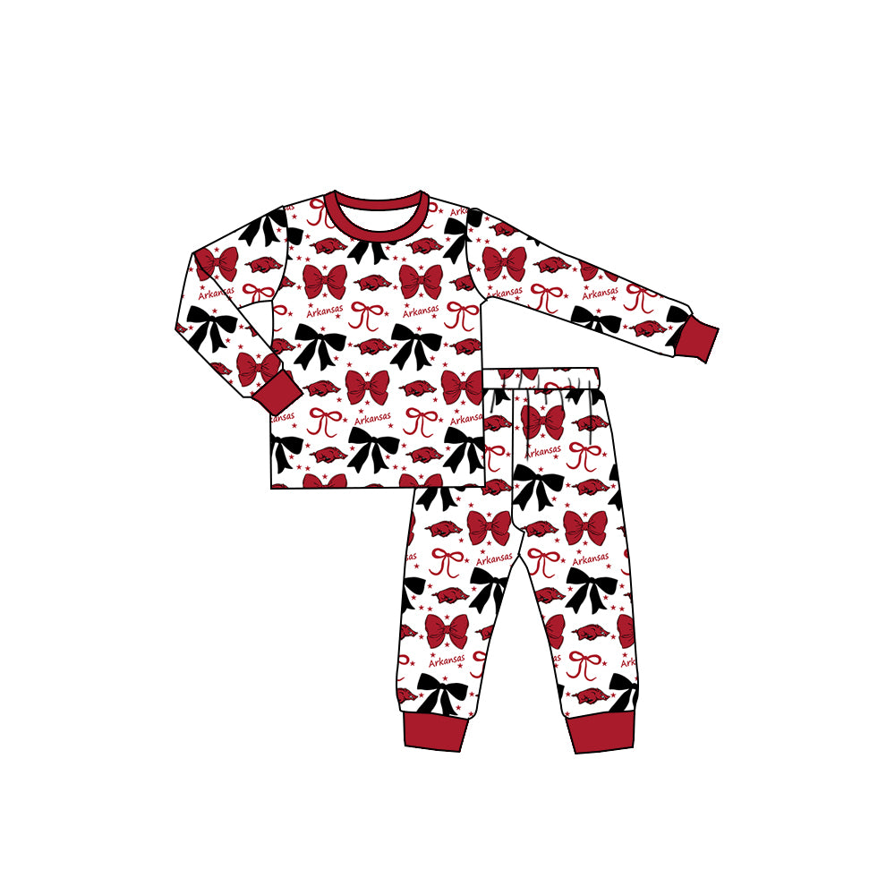 Preorder (moq 5)Baby Girls Red Arkansas Team Bows Top Pants Pajamas Sets