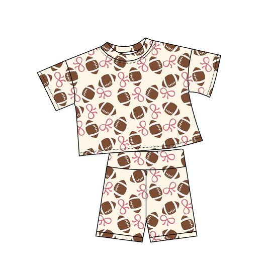 Preorder (moq 5)Baby Girls Pink Bows Footballs Plaid Top Shorts Team Clothes Sets