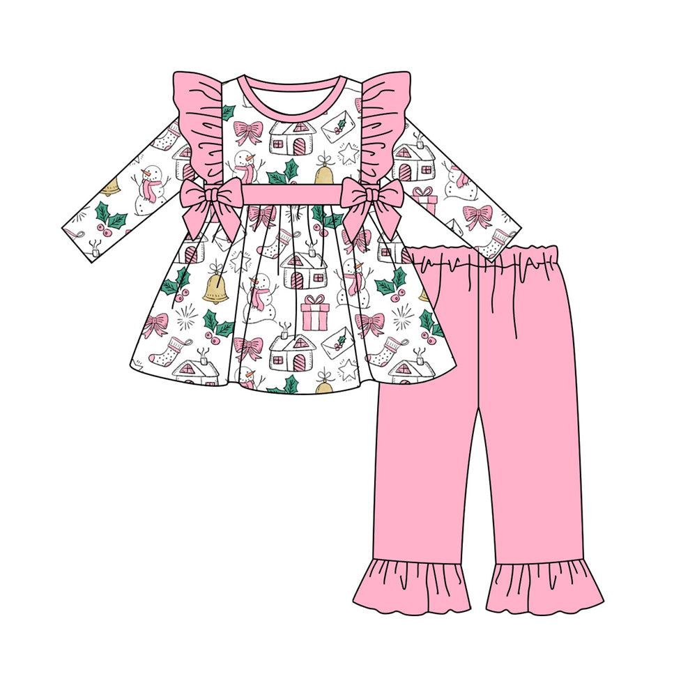 Preorder (moq 5)Baby Girls Snowmen Holly Tunic Ruffle Pants Christmas Clothes Sets