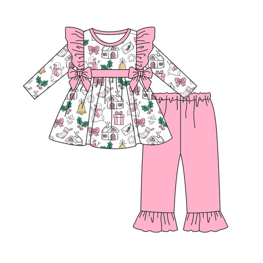 Preorder (moq 5)Baby Girls Snowmen Holly Tunic Ruffle Pants Christmas Clothes Sets