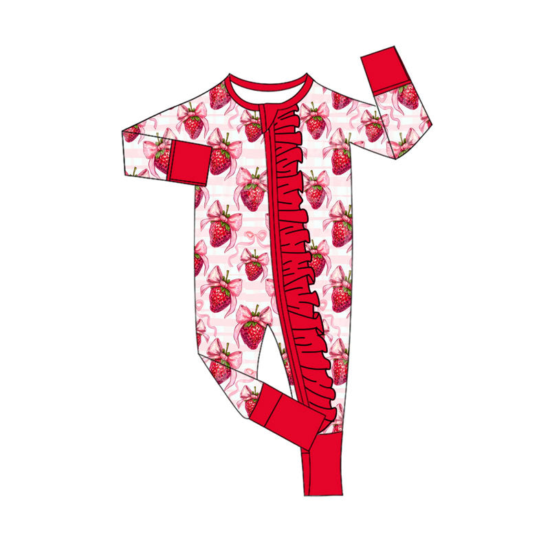 Preorder (moq 8)Baby Girls Pink Stripe Bows Strawberry Ruffle Zipper Footie Rompers