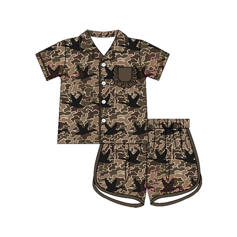 Preorder (moq 5)Baby Girls Southern Brown Camo Pocket Button Ducks Top Short Hunting Pajamas Sets