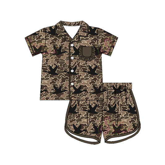 Preorder (moq 5)Baby Girls Southern Brown Camo Pocket Button Ducks Top Short Hunting Pajamas Sets