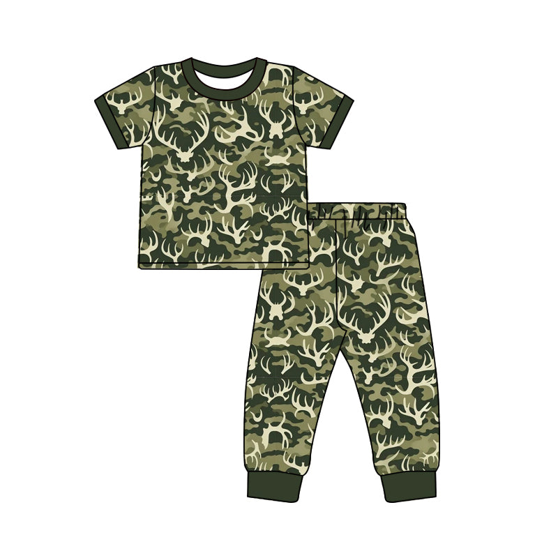 Preorder (moq 5)Baby Boys Short Sleeves Green Camo Deer Top Pant Pajamas Set