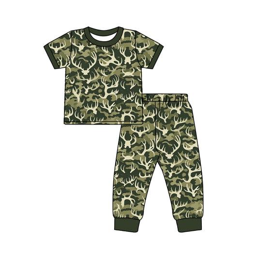 Preorder (moq 5)Baby Boys Short Sleeves Green Camo Deer Top Pant Pajamas Set