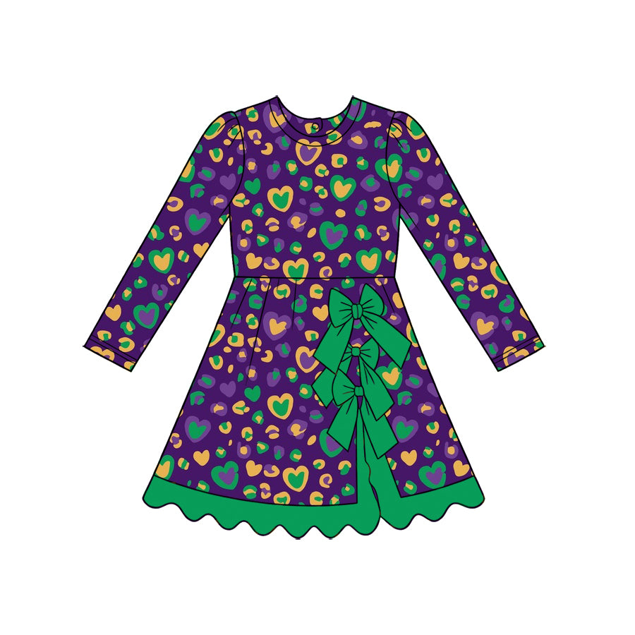 Preorder (moq 5) Baby Girl Clothes Mardi Gras Heart Leopard Print Long Sleeve Bow Back Dress
