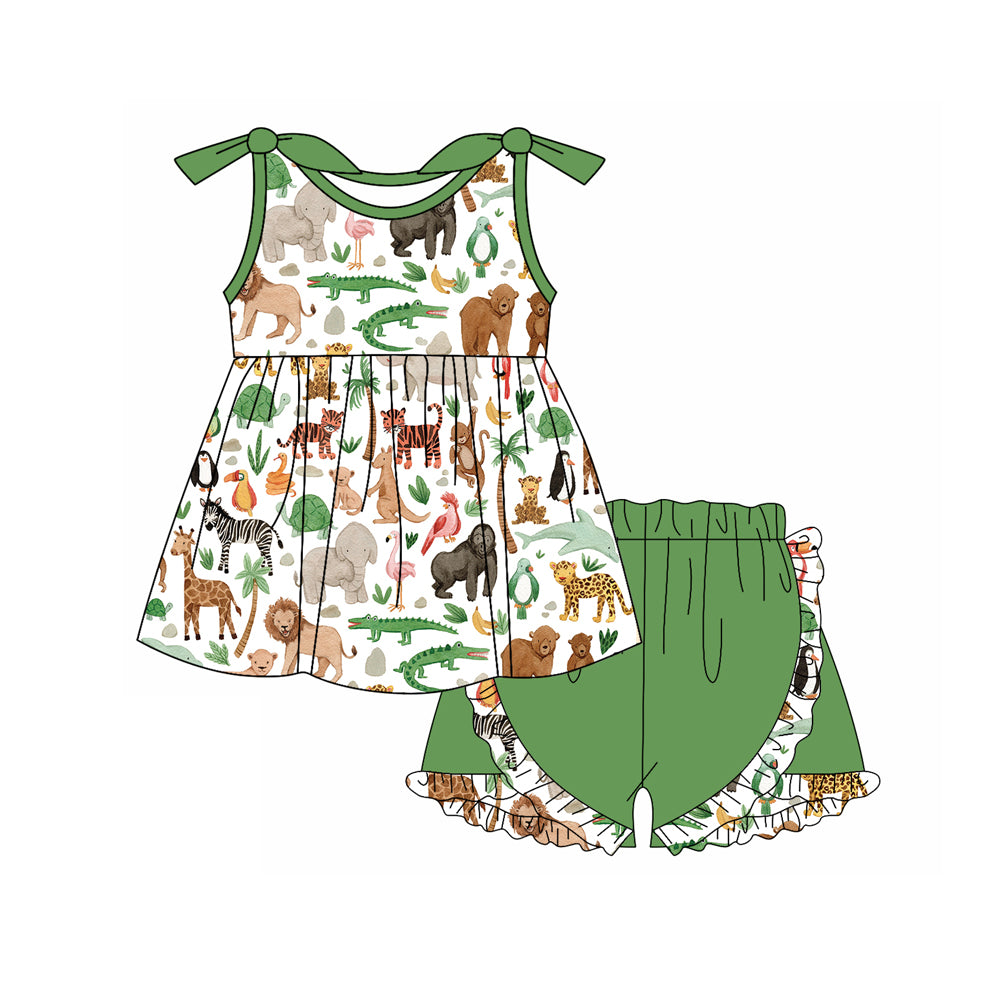 Preorder (moq 5)Baby Girls Animals Green Tunic Top Ruffle Shorts Clothes Sets