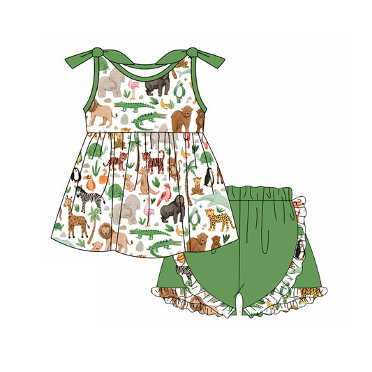 Preorder (moq 5)Baby Girls Animals Green Tunic Top Ruffle Shorts Clothes Sets