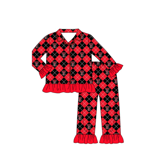 Preorder moq 5 Baby Girls Texas Tech Team Buttons Red Checkered Top Pants Pajamas Clothes Sets