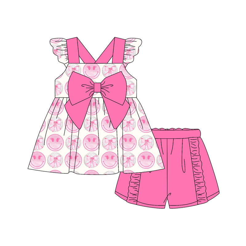 Preorder (moq 5)Baby Girls Pink Flutter Sleeves Smiles Bows Tunic Ruffle Short Set