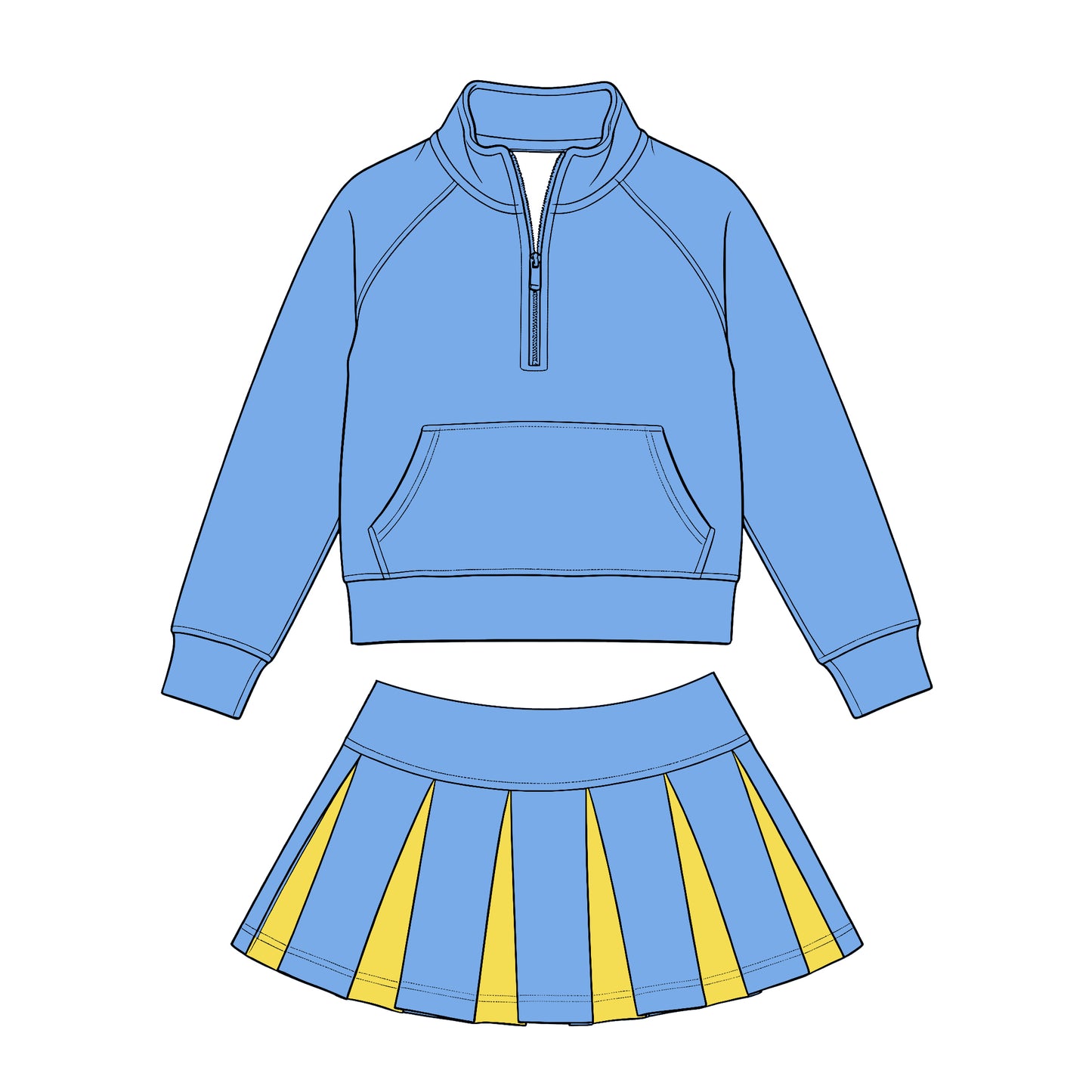 Preorder (moq 5) Baby Girls Blue Zip Pockets Pullovers Yellow Pleated Skirt Short Clothes Sets