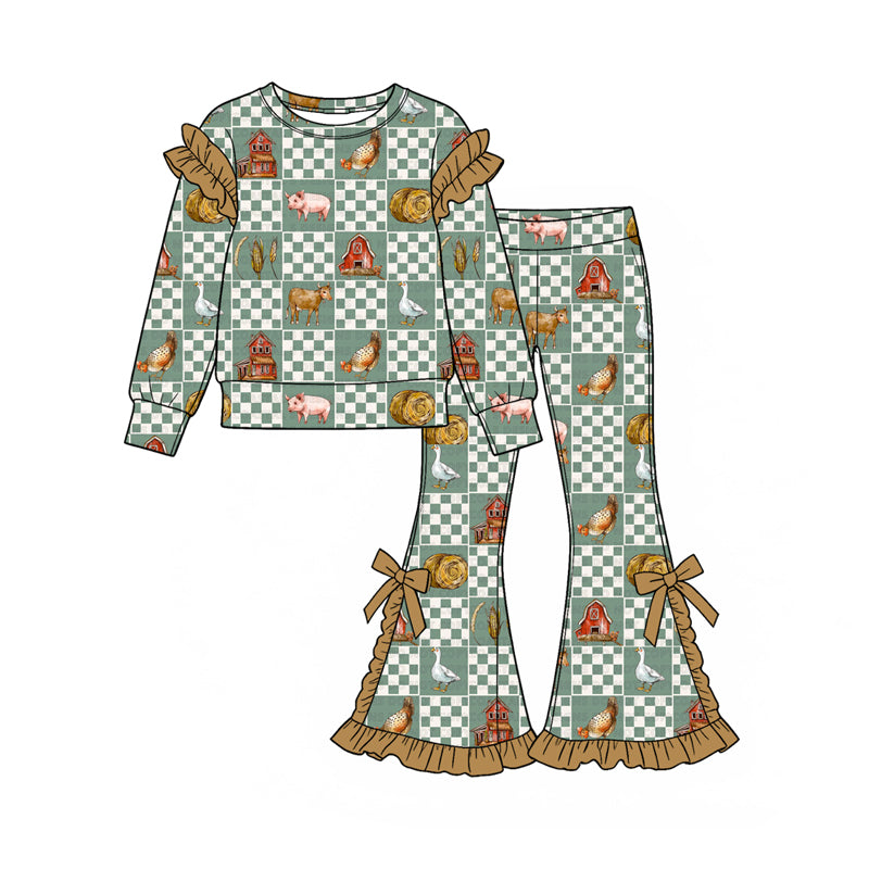 Preorder (moq 5) Girls’ Fall Farm Animal Plaid & Bow Ruffle Long-Sleeve Round-Neck Top with Flare Pants Set