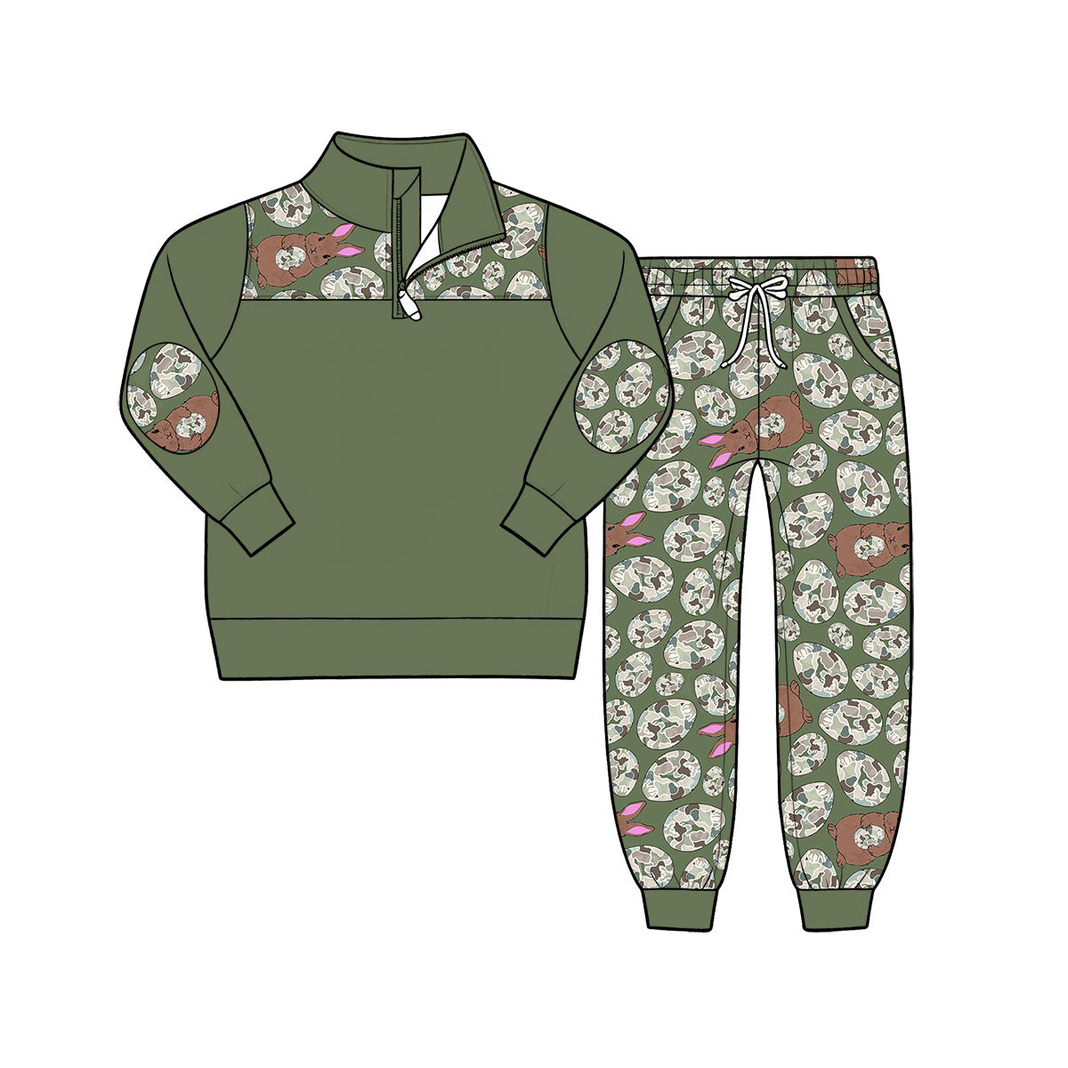 Pre-order(moq5) Boys Easter Casual 2Pcs Outfit Quarter Zip Sweatshirt Jogger Pants Set Camo Bunny Patchwork Print