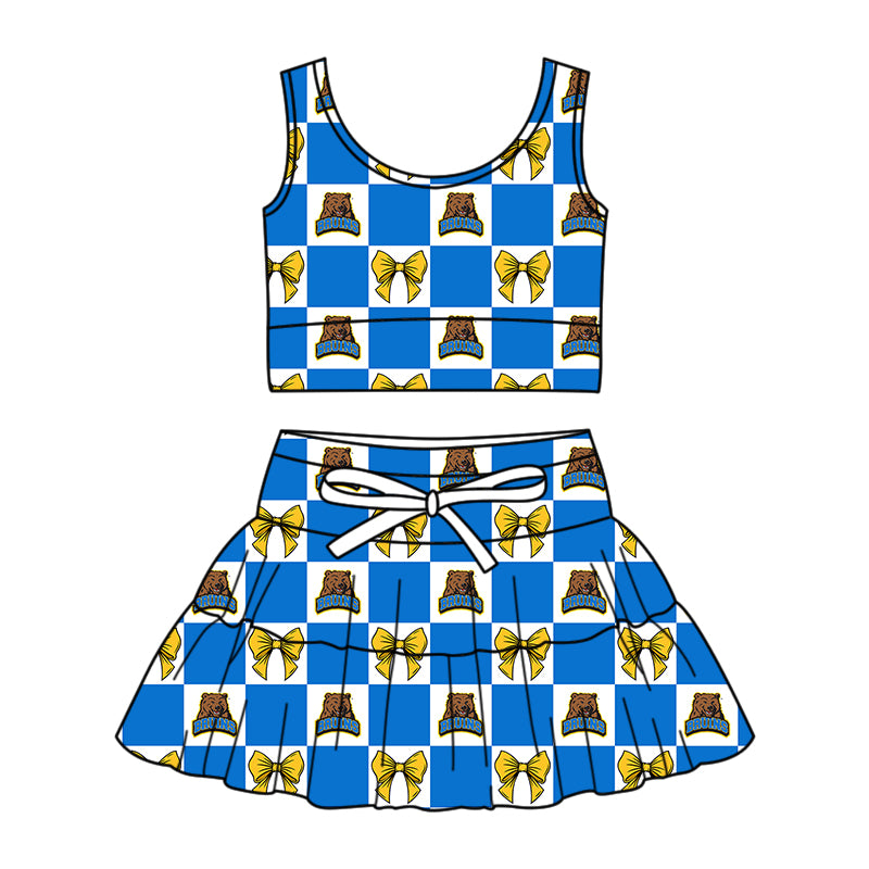 Preorder (moq 5)Baby Girls UCLA Bruins Bows Checked Vests Top Skirt Short Team Clothes Sets