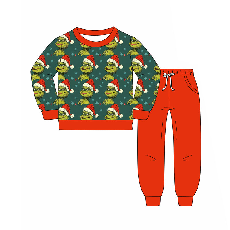 Preorder(moq 5) Baby Boys Green Face Stars Stripe Top Pockets Legging Pants Christmas Set