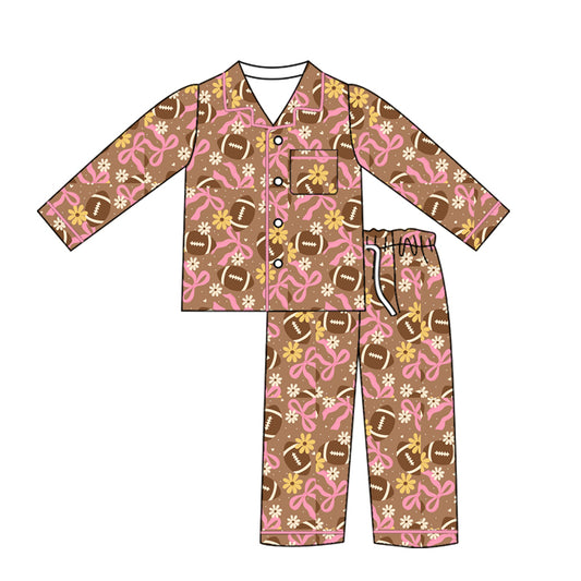 Preorder (moq 5)Baby Girls Bows Flowers Footballs Button Pocket Top Pant Team Pajamas Sets